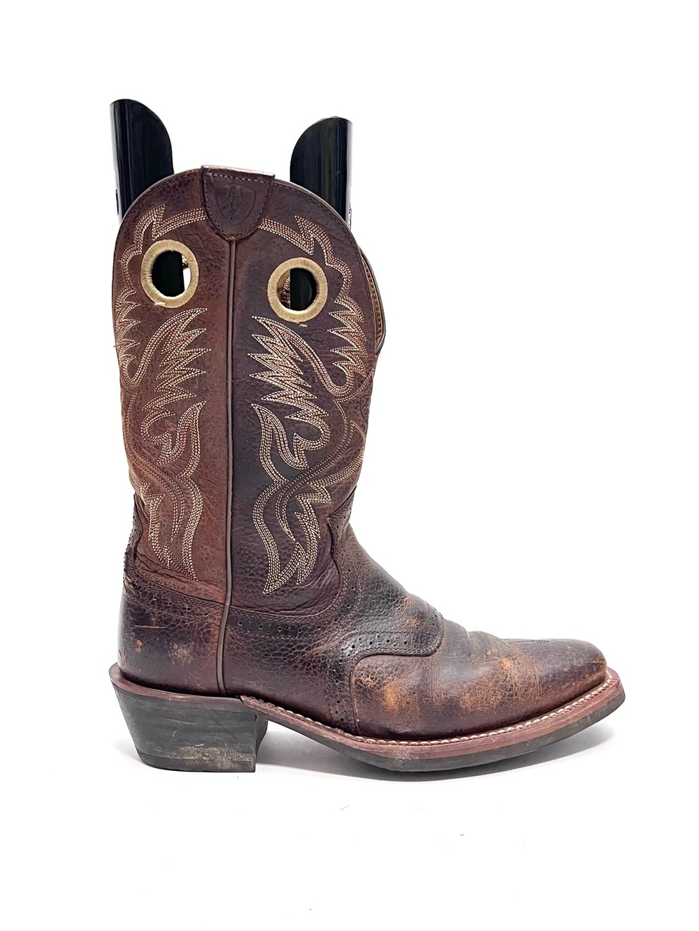Vintage men's Y2K brown leather brogue square toe keyhole cutout cowboy boots